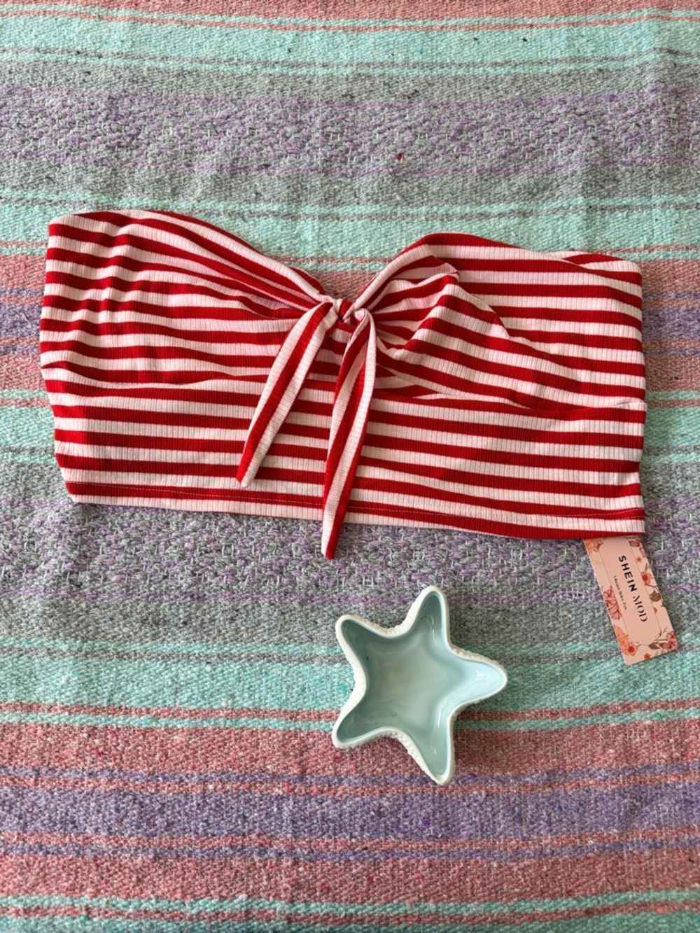 NWT Shein Curve 3XL Red White Striped Bandeau Tie Front Crop Top